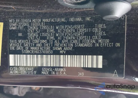 2012 Toyota Highlander Base V6 z USA, uszkodzony, nr VIN 5TDBK3EH6CS169850